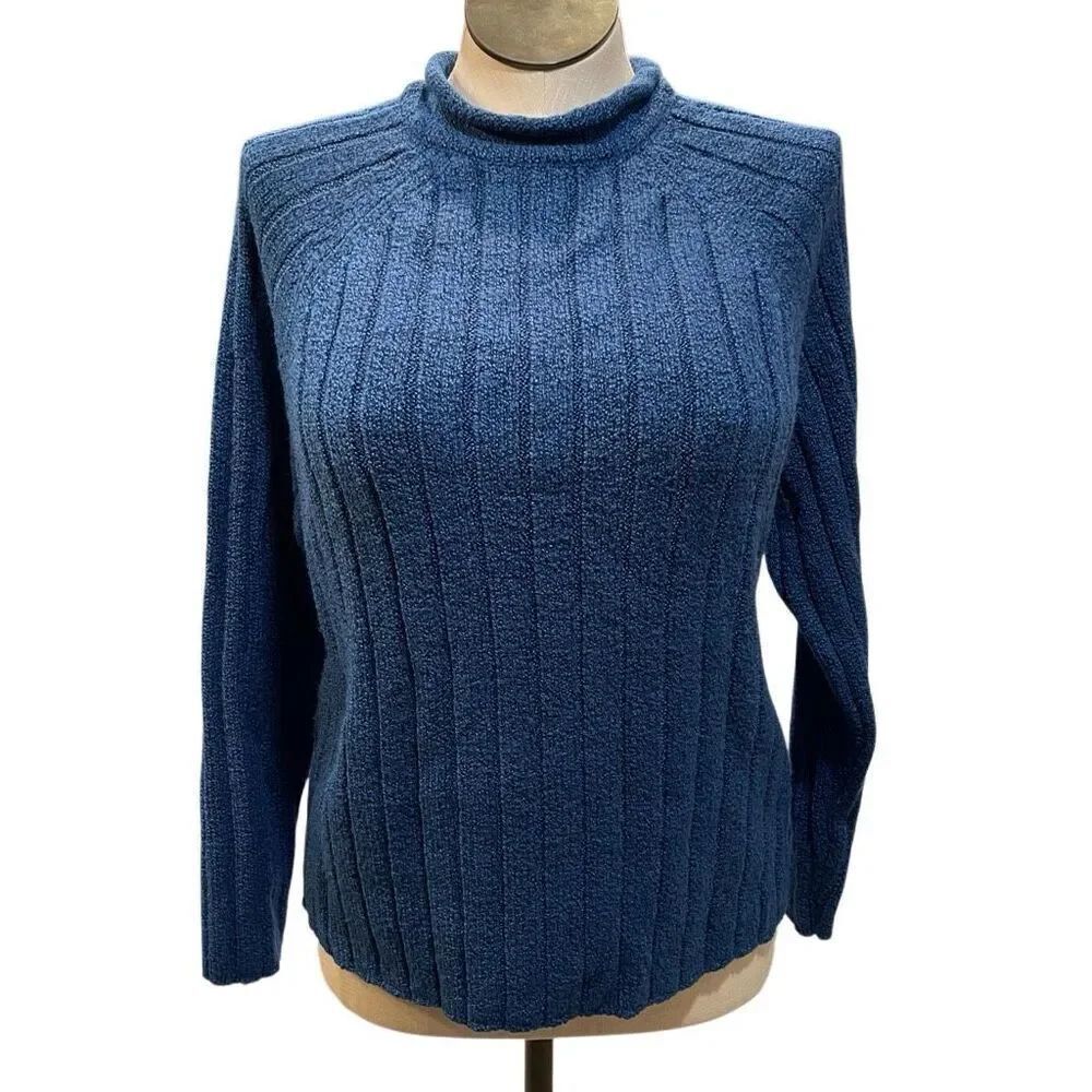 Vtg Womens Rollneck Oarsman Fisherman Sweater L Cobalt Marled Raglan Sleeve